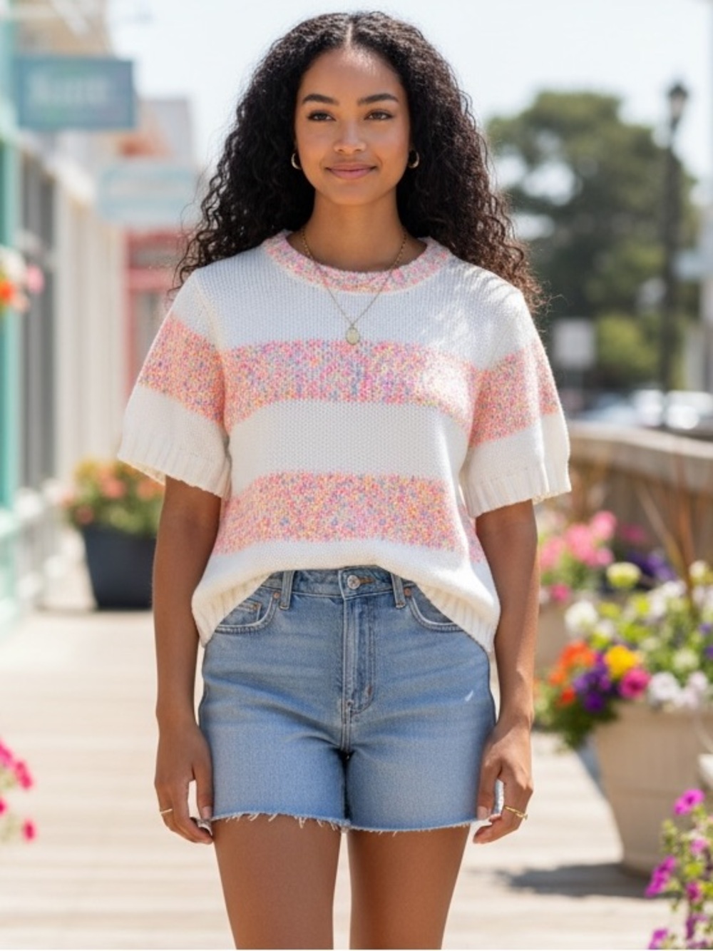 🌈 Peace Love World Neon Confetti Stripe Short Sleeve Sweater XS